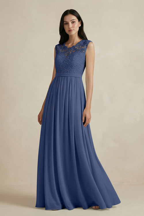 Lace Chiffon A - Line Round Neck Bridesmaid Dress in Navy - KissProm Bridesmaid Dresses