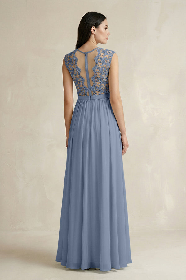Lace Chiffon A - Line Round Neck Bridesmaid Dress in Neptune - KissProm Bridesmaid Dresses