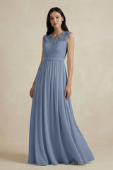 Lace Chiffon A - Line Round Neck Bridesmaid Dress in Neptune - KissProm Bridesmaid Dresses