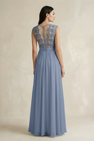 Lace Chiffon A - Line Round Neck Bridesmaid Dress in Neptune - KissProm Bridesmaid Dresses