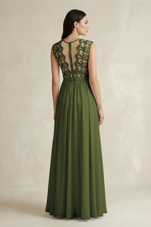 Lace Chiffon A - Line Round Neck Bridesmaid Dress in Olive - KissProm Bridesmaid Dresses
