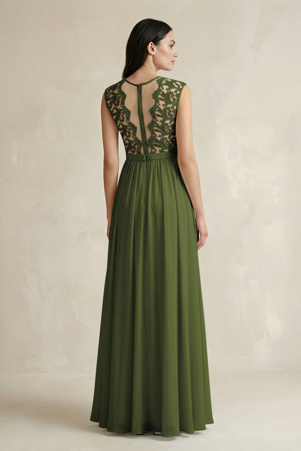 Lace Chiffon A - Line Round Neck Bridesmaid Dress in Olive - KissProm Bridesmaid Dresses