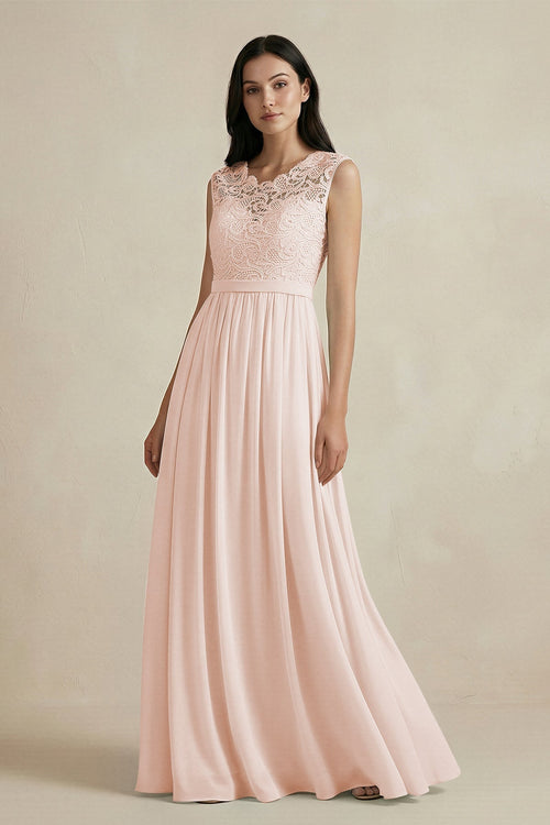Lace Chiffon A-Line Round Neck Bridesmaid Dress in Pale Blush, Pale Blush / 22