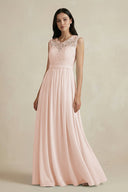 Lace Chiffon A - Line Round Neck Bridesmaid Dress in Pale Blush - KissProm Bridesmaid Dresses