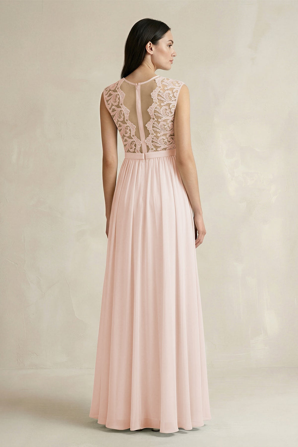 Lace Chiffon A - Line Round Neck Bridesmaid Dress in Pale Blush - KissProm Bridesmaid Dresses