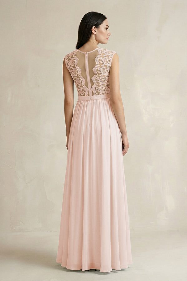 Lace Chiffon A - Line Round Neck Bridesmaid Dress in Pale Blush - KissProm Bridesmaid Dresses
