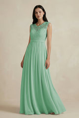 Lace Chiffon A - Line Round Neck Bridesmaid Dress in Pale Pistachio - KissProm Bridesmaid Dresses