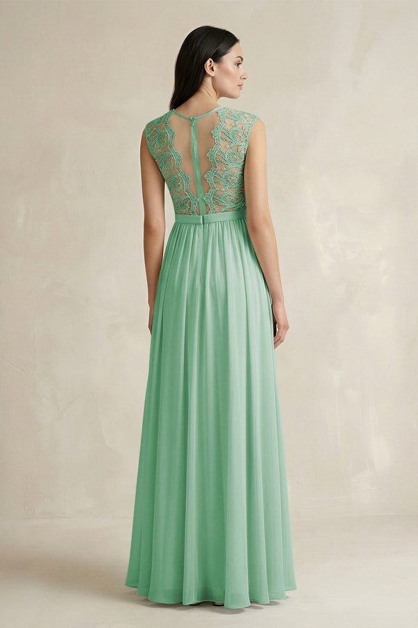 Lace Chiffon A - Line Round Neck Bridesmaid Dress in Pale Pistachio - KissProm Bridesmaid Dresses
