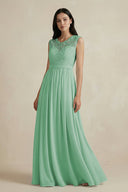 Lace Chiffon A - Line Round Neck Bridesmaid Dress in Pale Pistachio - KissProm Bridesmaid Dresses