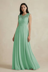 Lace Chiffon A - Line Round Neck Bridesmaid Dress in Pale Pistachio - KissProm Bridesmaid Dresses