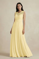 Lace Chiffon A - Line Round Neck Bridesmaid Dress in Pastel Yellow - KissProm Bridesmaid Dresses