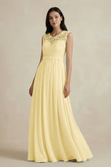 Lace Chiffon A - Line Round Neck Bridesmaid Dress in Pastel Yellow - KissProm Bridesmaid Dresses
