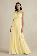 Lace Chiffon A - Line Round Neck Bridesmaid Dress in Pastel Yellow - KissProm Bridesmaid Dresses