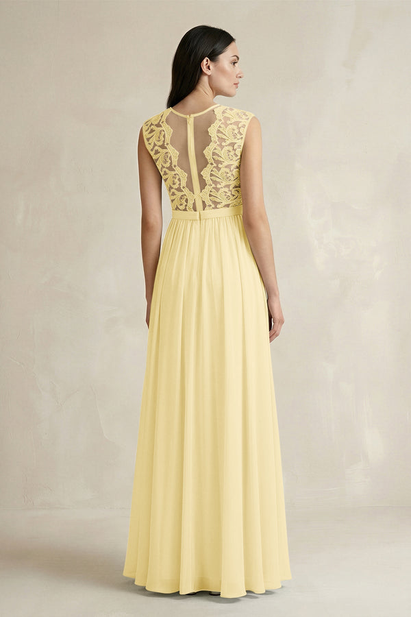 Lace Chiffon A - Line Round Neck Bridesmaid Dress in Pastel Yellow - KissProm Bridesmaid Dresses