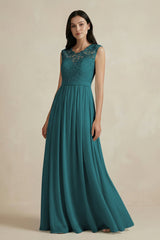 Lace Chiffon A - Line Round Neck Bridesmaid Dress in Pine - KissProm Bridesmaid Dresses