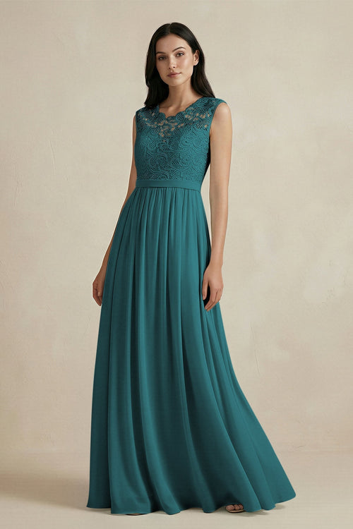 Lace Chiffon A - Line Round Neck Bridesmaid Dress in Pine - KissProm Bridesmaid Dresses