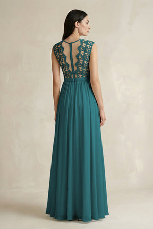 Lace Chiffon A - Line Round Neck Bridesmaid Dress in Pine - KissProm Bridesmaid Dresses