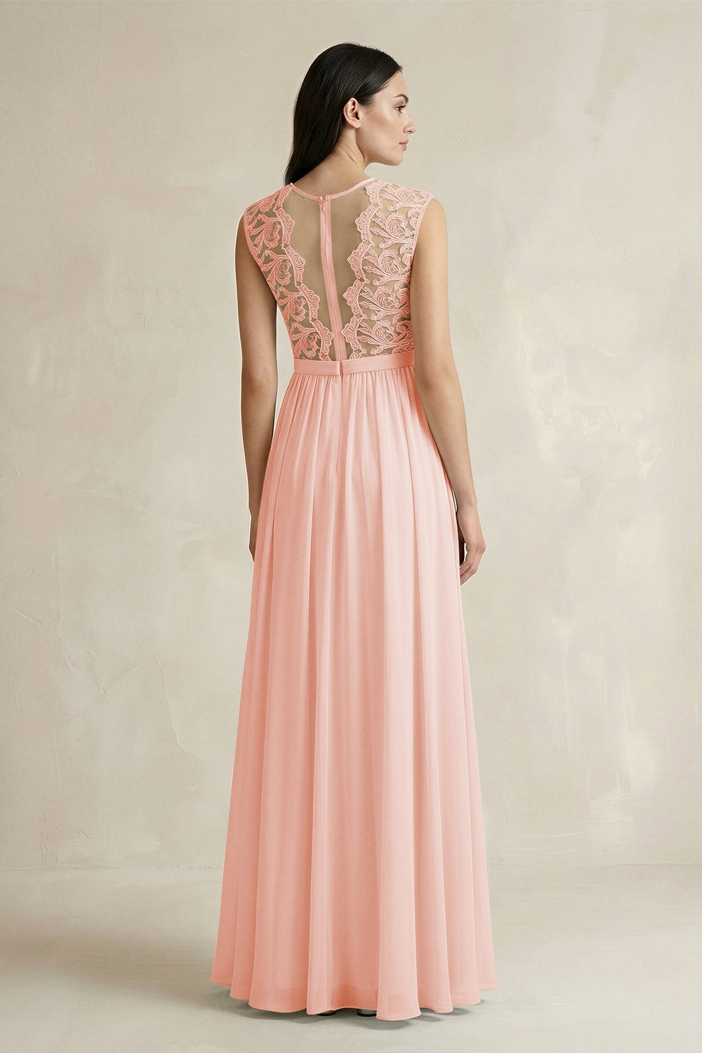Lace Chiffon A - Line Round Neck Bridesmaid Dress in Rose Petal - KissProm Bridesmaid Dresses