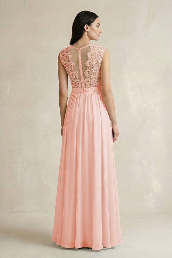 Lace Chiffon A - Line Round Neck Bridesmaid Dress in Rose Petal - KissProm Bridesmaid Dresses