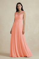 Lace Chiffon A - Line Round Neck Bridesmaid Dress in Rosette - KissProm Bridesmaid Dresses