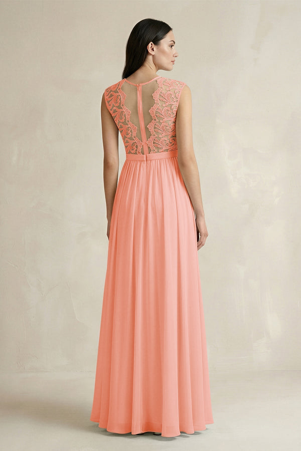 Lace Chiffon A - Line Round Neck Bridesmaid Dress in Rosette - KissProm Bridesmaid Dresses