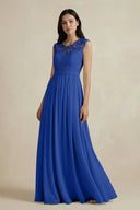 Lace Chiffon A - Line Round Neck Bridesmaid Dress in Royal Blue - KissProm Bridesmaid Dresses