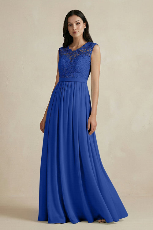 Lace Chiffon A - Line Round Neck Bridesmaid Dress in Royal Blue - KissProm Bridesmaid Dresses