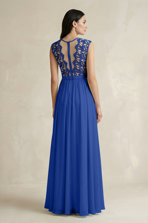 Lace Chiffon A - Line Round Neck Bridesmaid Dress in Royal Blue - KissProm Bridesmaid Dresses