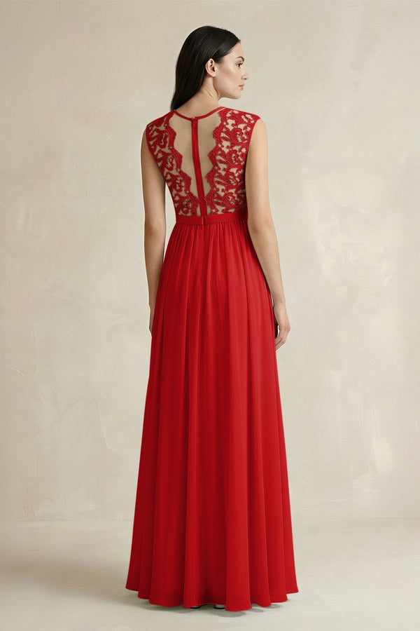 Lace Chiffon A - Line Round Neck Bridesmaid Dress in Ruby Red - KissProm Bridesmaid Dresses