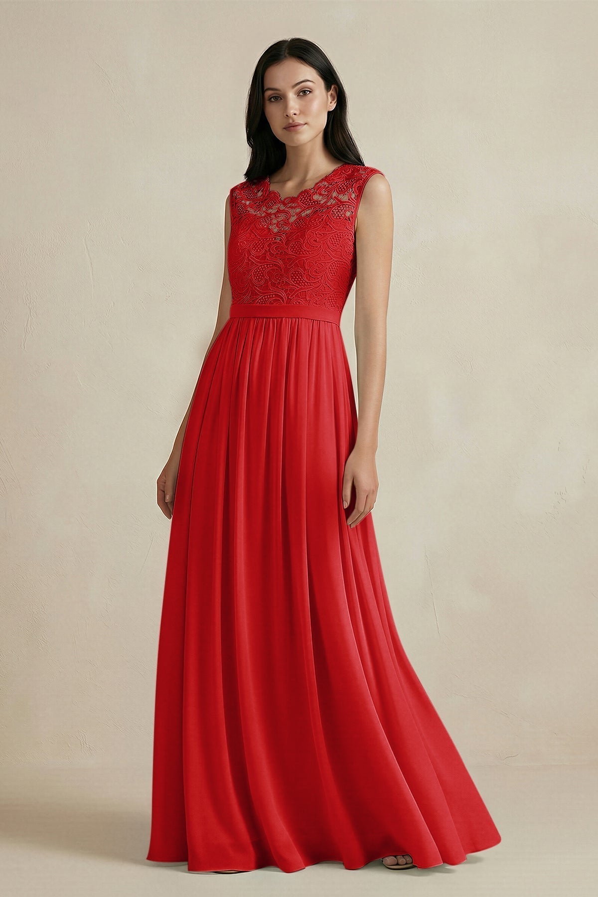 KissProm Lace Chiffon A-Line Round Neck Bridesmaid Dress in Ruby Red, Ruby Red / 26