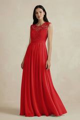 Lace Chiffon A - Line Round Neck Bridesmaid Dress in Ruby Red - KissProm Bridesmaid Dresses