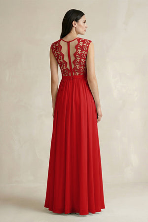 Lace Chiffon A - Line Round Neck Bridesmaid Dress in Ruby Red - KissProm Bridesmaid Dresses