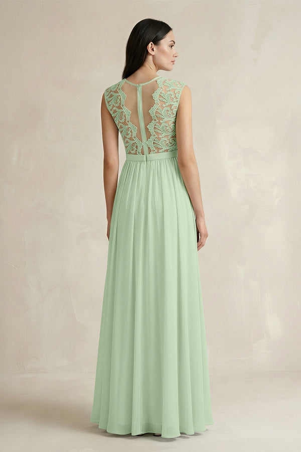 Lace Chiffon A - Line Round Neck Bridesmaid Dress in Sage - KissProm Bridesmaid Dresses