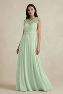 Lace Chiffon A - Line Round Neck Bridesmaid Dress in Sage - KissProm Bridesmaid Dresses