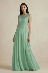 Lace Chiffon A - Line Round Neck Bridesmaid Dress in Sea Glass - KissProm Bridesmaid Dresses