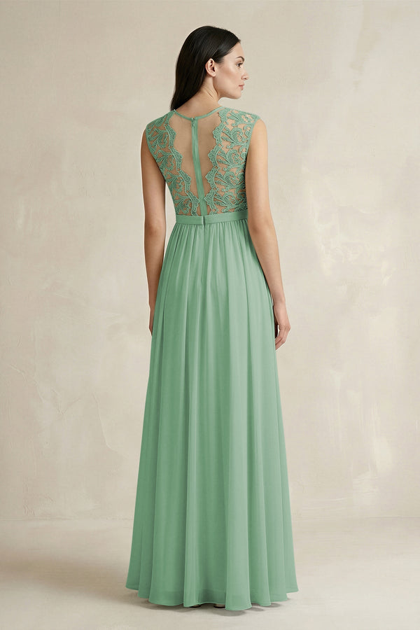 Lace Chiffon A - Line Round Neck Bridesmaid Dress in Sea Glass - KissProm Bridesmaid Dresses