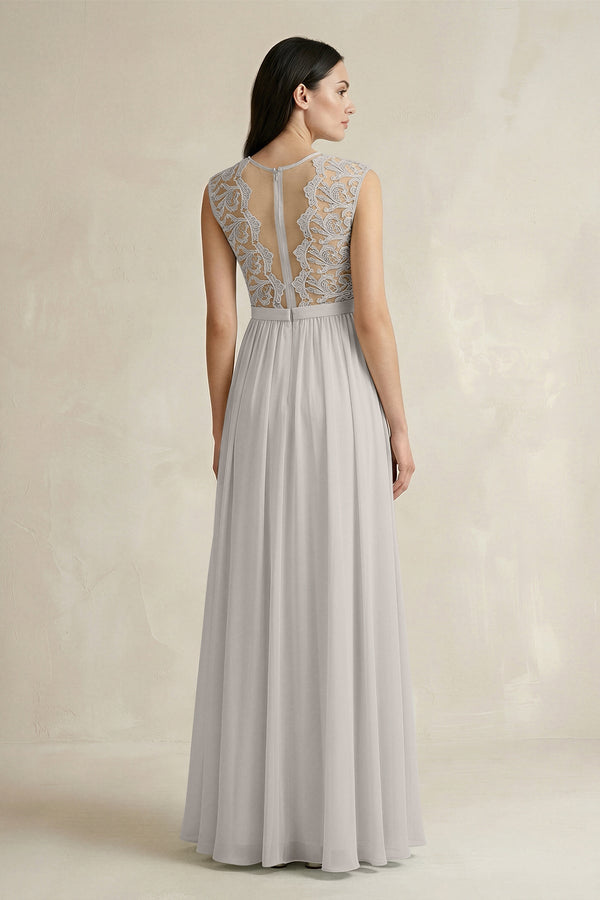 Lace Chiffon A - Line Round Neck Bridesmaid Dress in Silver - KissProm Bridesmaid Dresses
