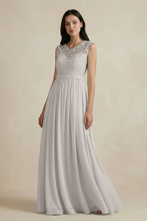 Lace Chiffon A - Line Round Neck Bridesmaid Dress in Silver - KissProm Bridesmaid Dresses