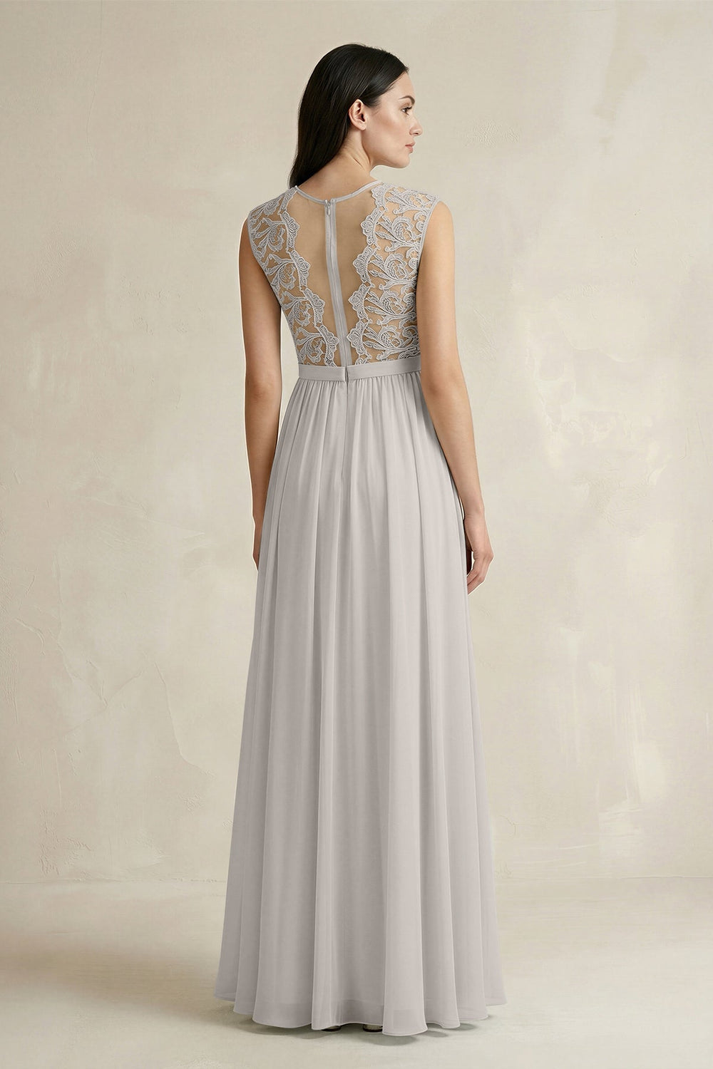 Lace Chiffon A - Line Round Neck Bridesmaid Dress in Silver - KissProm Bridesmaid Dresses