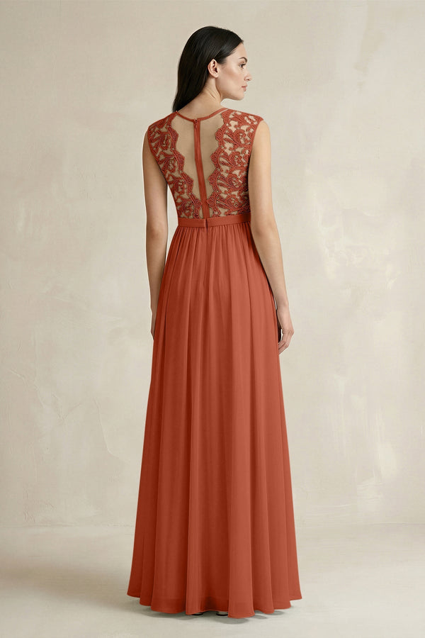 Lace Chiffon A - Line Round Neck Bridesmaid Dress in Spice - KissProm Bridesmaid Dresses