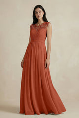 Lace Chiffon A - Line Round Neck Bridesmaid Dress in Spice - KissProm Bridesmaid Dresses