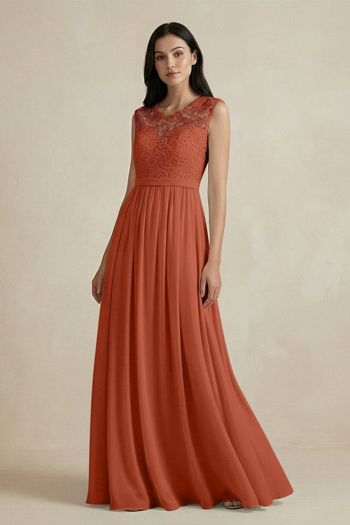 Lace Chiffon A - Line Round Neck Bridesmaid Dress in Spice - KissProm Bridesmaid Dresses
