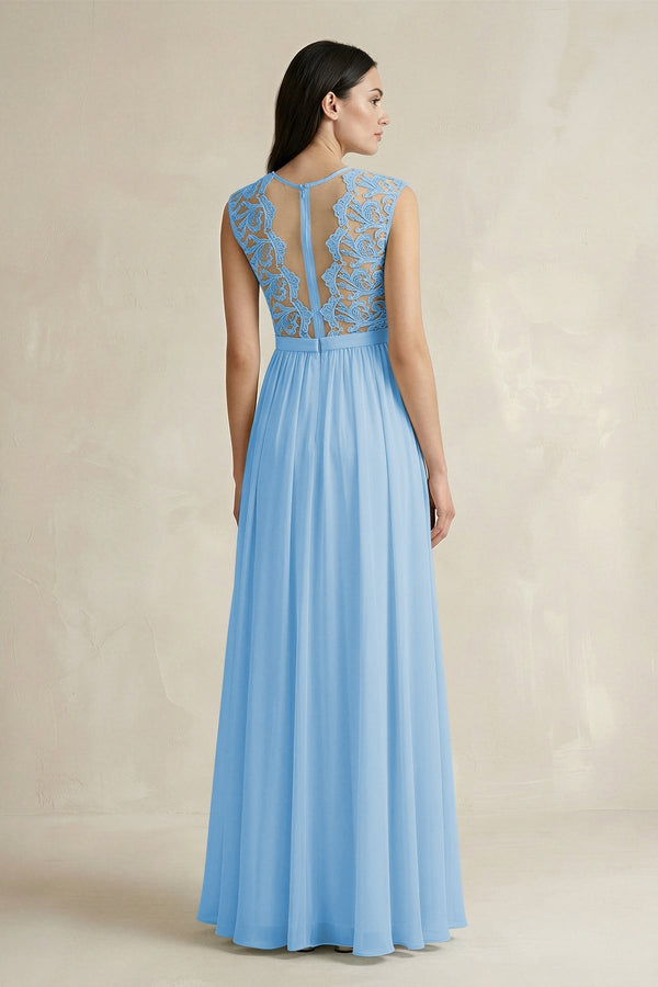 Lace Chiffon A - Line Round Neck Bridesmaid Dress in Steel Blue - KissProm Bridesmaid Dresses