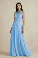 Lace Chiffon A - Line Round Neck Bridesmaid Dress in Steel Blue - KissProm Bridesmaid Dresses