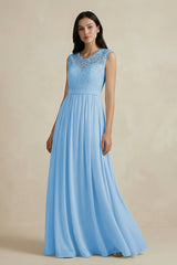 Lace Chiffon A - Line Round Neck Bridesmaid Dress in Steel Blue - KissProm Bridesmaid Dresses