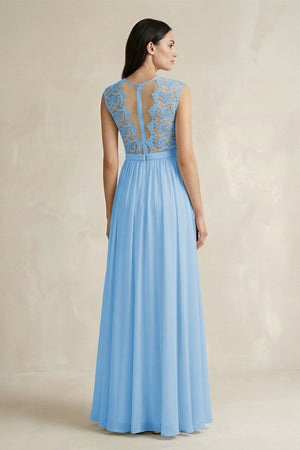 Lace Chiffon A - Line Round Neck Bridesmaid Dress in Steel Blue - KissProm Bridesmaid Dresses