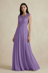 Lace Chiffon A - Line Round Neck Bridesmaid Dress in Tahiti - KissProm Bridesmaid Dresses