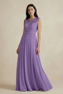 Lace Chiffon A - Line Round Neck Bridesmaid Dress in Tahiti - KissProm Bridesmaid Dresses