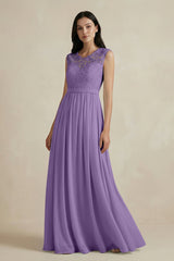 Lace Chiffon A - Line Round Neck Bridesmaid Dress in Tahiti - KissProm Bridesmaid Dresses