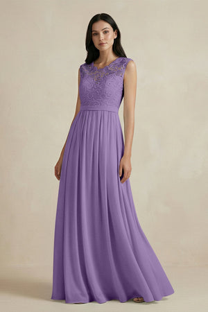 Lace Chiffon A - Line Round Neck Bridesmaid Dress in Tahiti - KissProm Bridesmaid Dresses